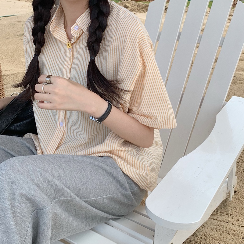 Áo sơ mi nữ tay ngắn kẻ sọc thời trang Hàn Quốc