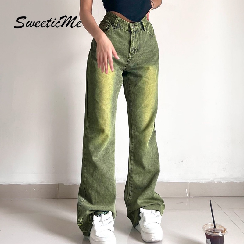 Quần Jean Nữ Ống Loe Cạp Cao Thêu Hoa   Thời Trang
