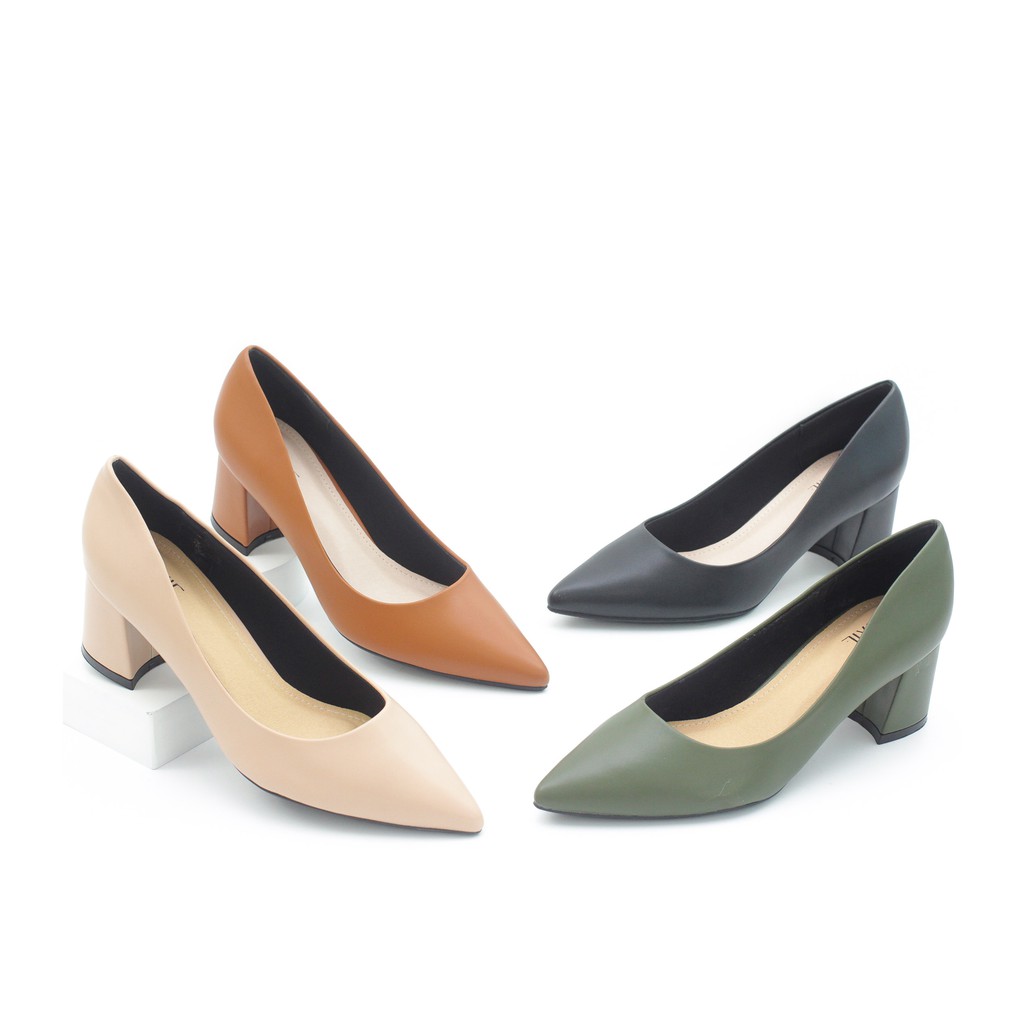 Giày Cao Gót Đế Vuông 5cm Mũi Nhọn Basic màu xanh rêu P055