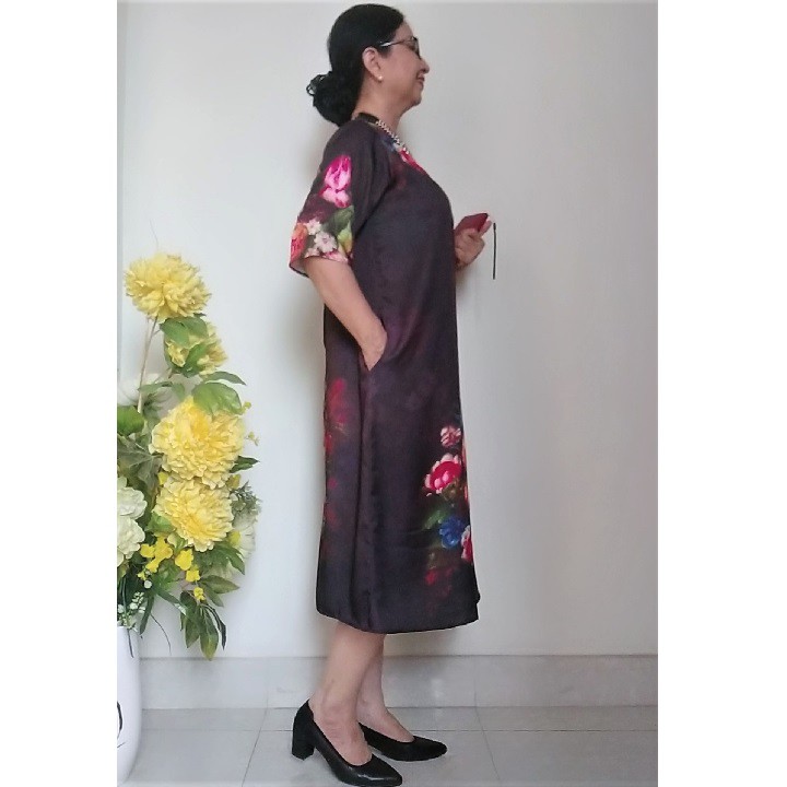 Váy Đầm Trung Niên Suông A Che Bụng - Vải Lụa Cát Mịn - Có 2 Túi - Size 50kg - 90kg