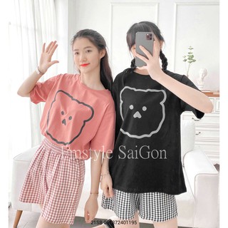 Set áo thun tay ngắn in gấu viền + Quần ngắn caro ullzang thời trang nữ VM Shop 21SB06T372401