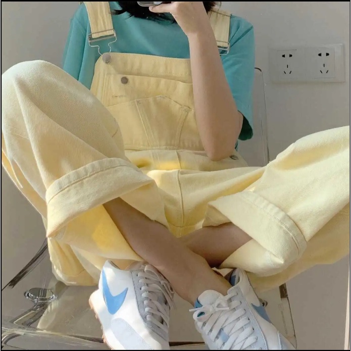 Quần Yếm Denim Ống Rộng Màu Kem Phong Cách Hàn Quốc Mùa Hè Mới