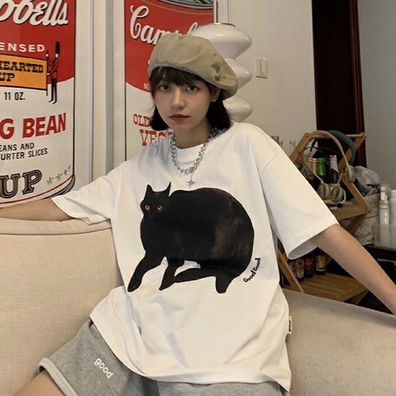 Áo phông unisex Black Cat phong cach Hàn Quốc màu trắng - A024