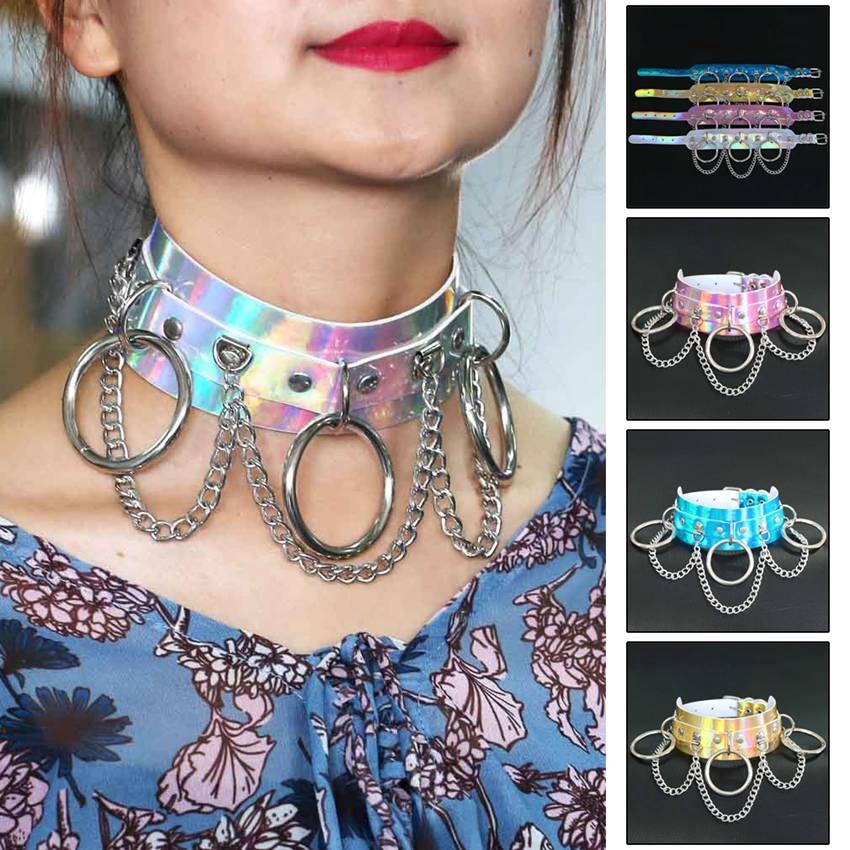 Vòng Cổ Choker Da Pu Màu Laser Phối Khóa Kim Loại Phong Cách Punk Thời Trang