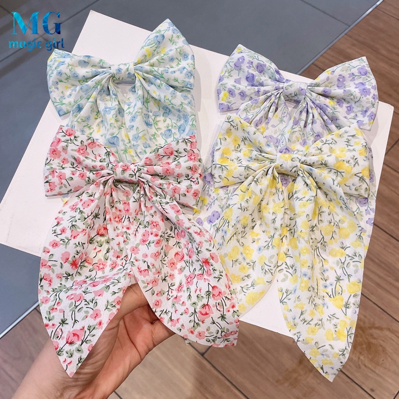 Dây Buộc Tóc Nơ Dài Vải Voan In Hoa Nhỏ Xinh Xắn Thời Trang Hàn Quốc