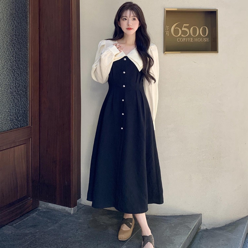 Váy đầm cổ V cách điệu dài qua gối thu đông phong cách Hàn Quốc MS914
