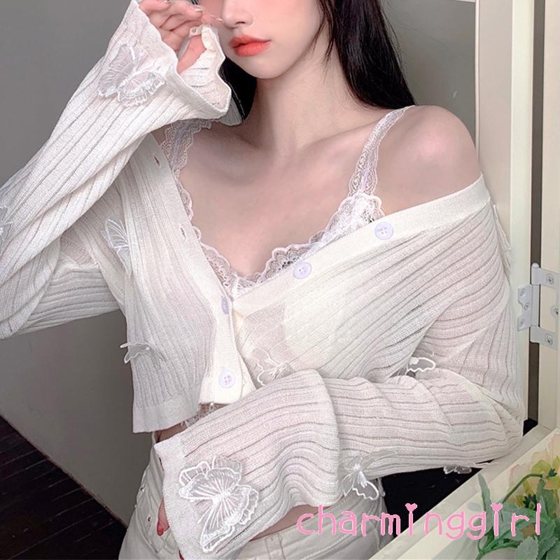 Áo Khoác Cardigan Dệt Kim Mỏng Tay Dài Cài Nút Thêu Hình Cánh Bướm Xinh Xắn Cho Nữ Sự Bảo Vệ