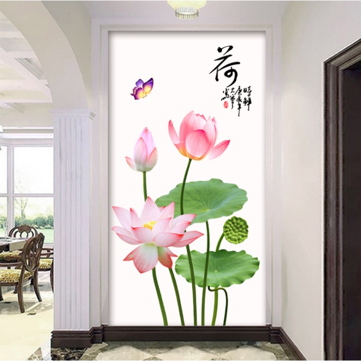 Decal trang trí Hoa sen hồng Lá xanh cùng Bướm