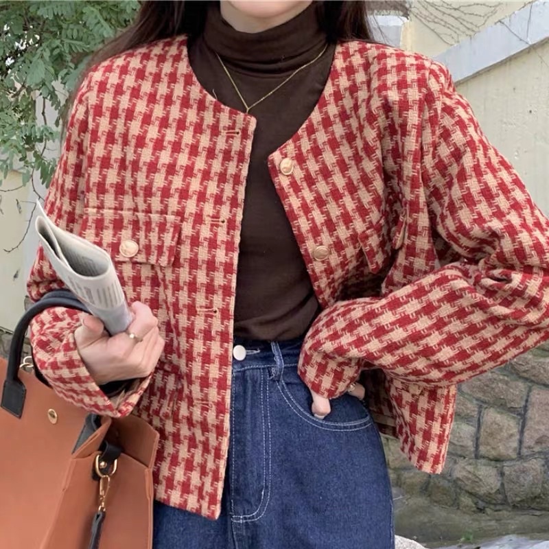 Áo Khoác Dạ Tweed Kẻ Ziczac Hàn Quốc  Áo Khoác Dạ Kẻ Caro Đen Đỏ Loại 1