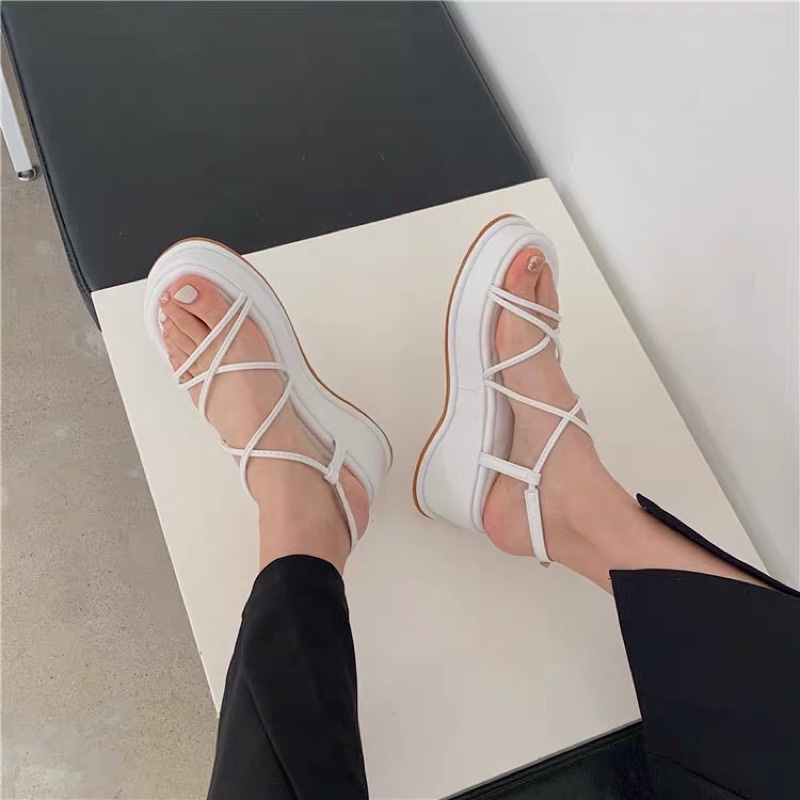 Giày Sandal da phối dây ngang và dây chéo đế 5cm