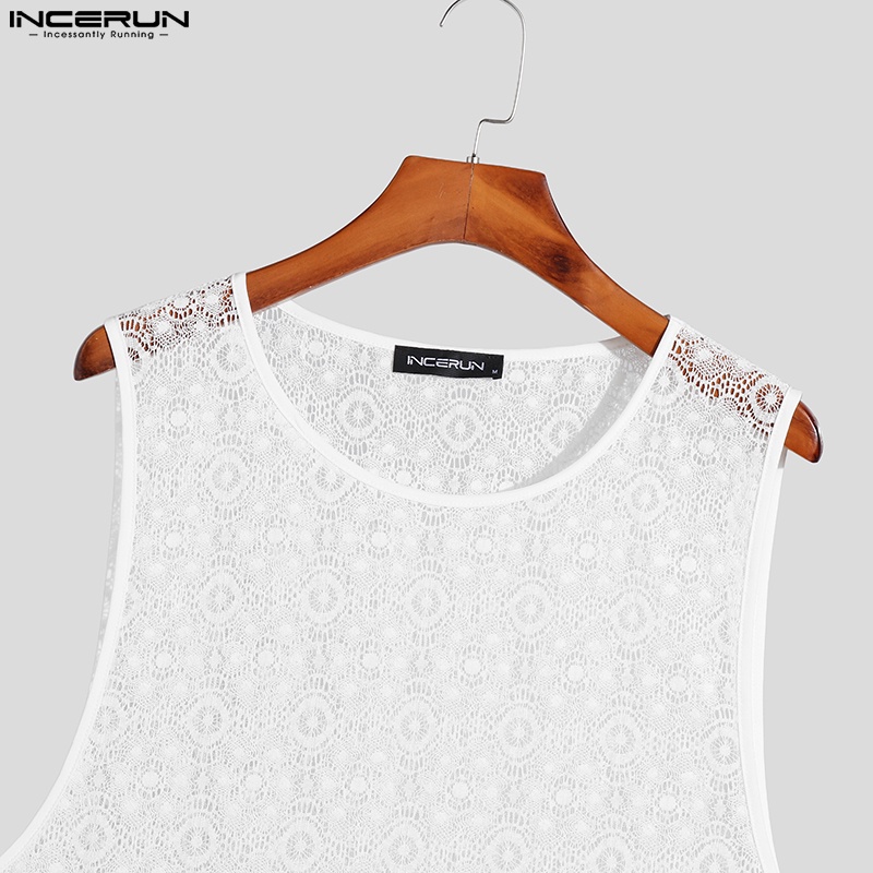 INCERUN Áo Thun Ba Lỗ Màu Trắng Phối Ren Thời Trang Cho Nam