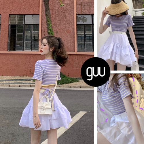 Set đồ đi chơi áo croptop tay ngắn kẻ sọc ngang màu tím GUU phối chân váy trắng xòe 2 tầng chất thô mềm dày dặn