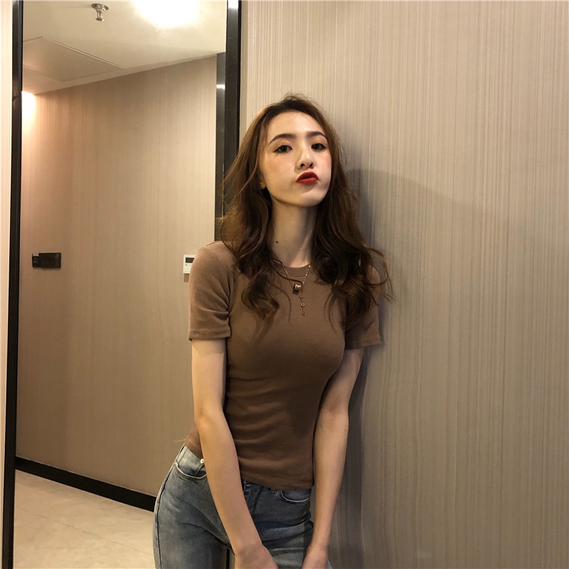 SUXI Áo Thun Tay Ngắn Cổ Tròn Màu Sắc Đơn Giản Phong Cách Hàn Quốc Cho Nữ