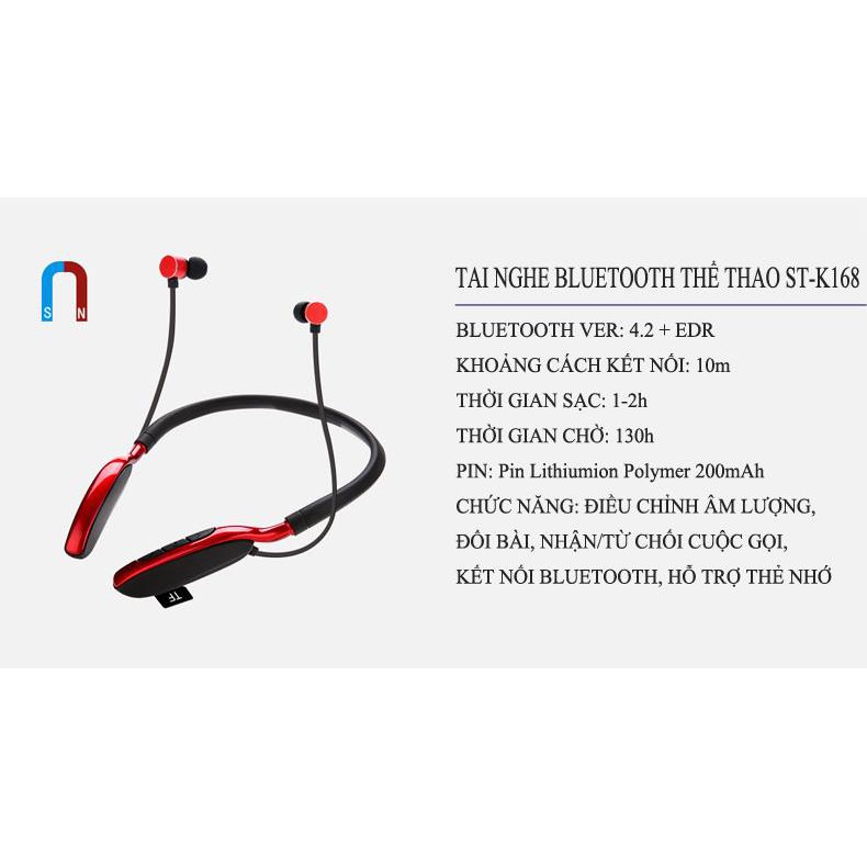 [ SIÊU PHẨM 2019] Tai Nghe Bluetooth ST-K168 Chính Hãng Kiểu Dáng Thể Thao, Tích Hợp Chế Độ Nghe Gọi Rảnh Tay Cực Đỉnh | BigBuy360 - bigbuy360.vn