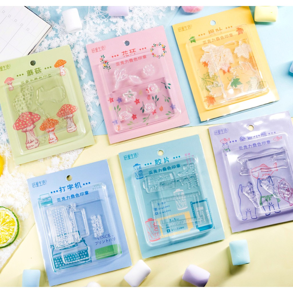 Set Con dấu trong suốt clear stamp Kèm Cán Dấu acrylic 5x7cm