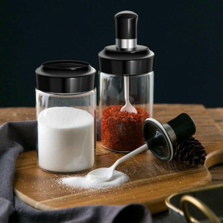 Hũ đựng gia vị thủy tinh đẹp, lọ đựng gia vị hộp tròn nhà bếp kèm thìa tiện lợi 2021