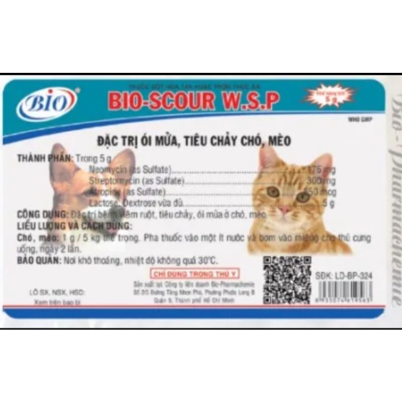 Bio Scour W.S.P gói 5g - Kiểm soát ói mửa tiêu chảy cho chó mèo