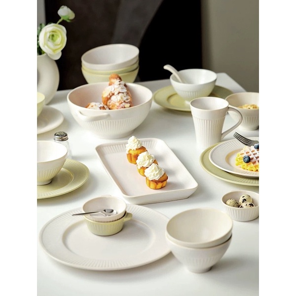 Bộ bát đĩa gốm xanh bơ mix trắng vân sọc phong cách Bắc Âu