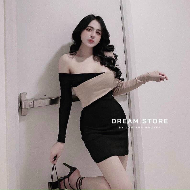 Đầm trễ vai ôm body phối tay hai màu cực xinh đầm sexy tôn dáng