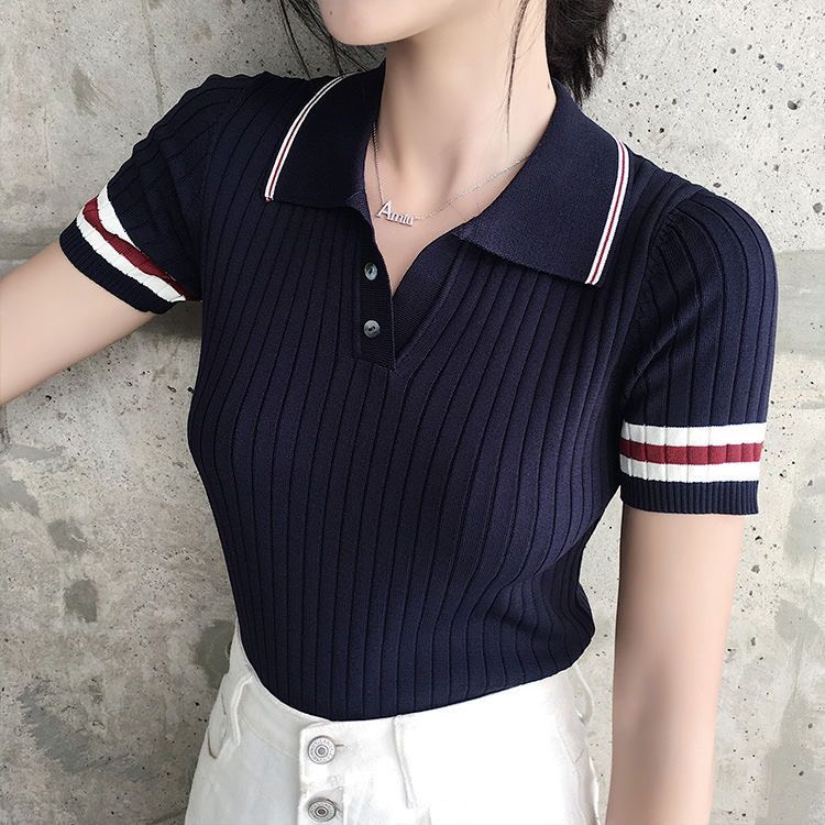 Áo Len Dệt Kim Cổ Bẻ Nút Sọc Tay Ngắn | Smide Clothing