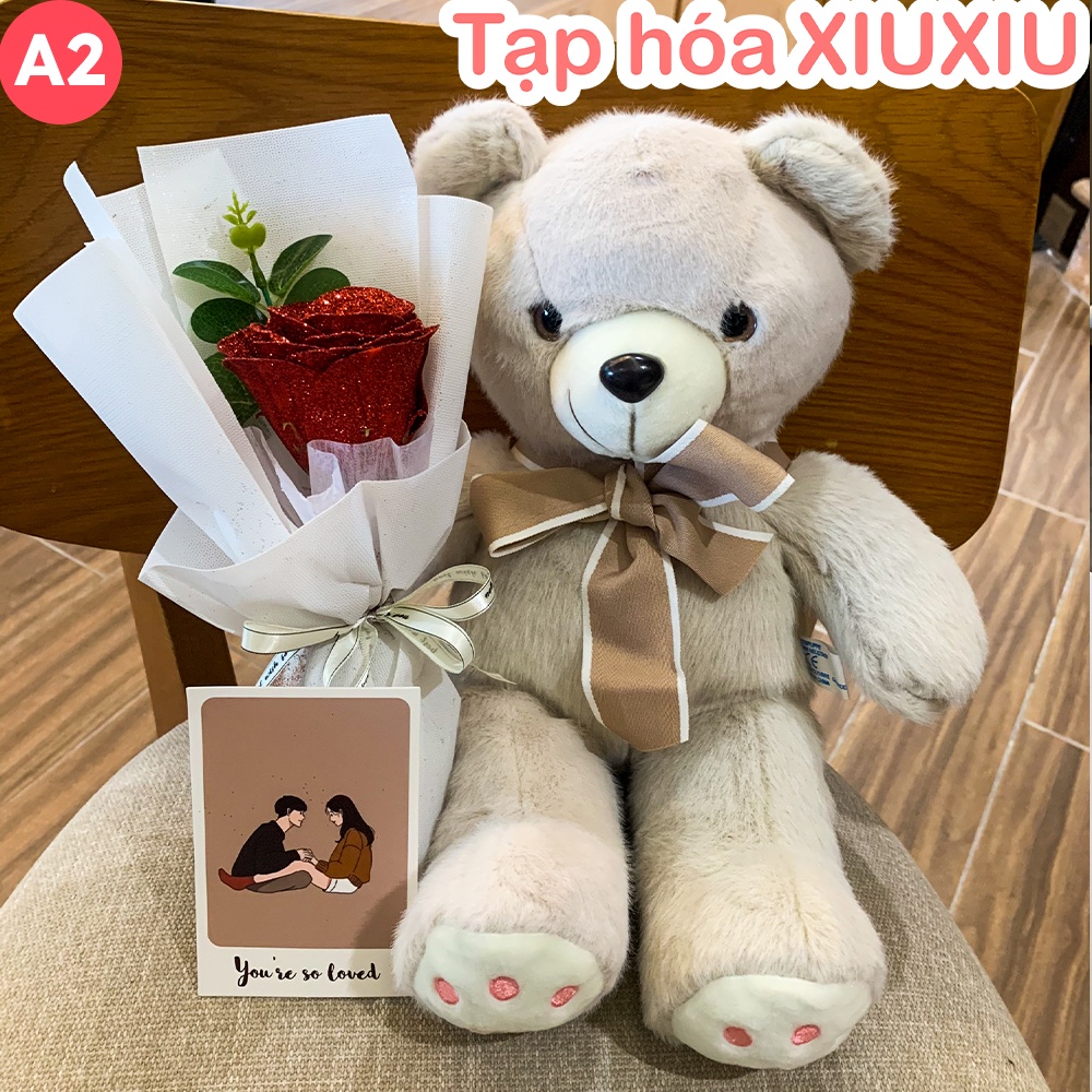 Set Quà Tặng Gấu Bông Cute và Bó Hoa Nhũ, Bộ Son 3 Cây Phong Cách Hàn Quốc , Bộ Quà Tặng 8/3, Sinh Nhật Cho Bạn Gái