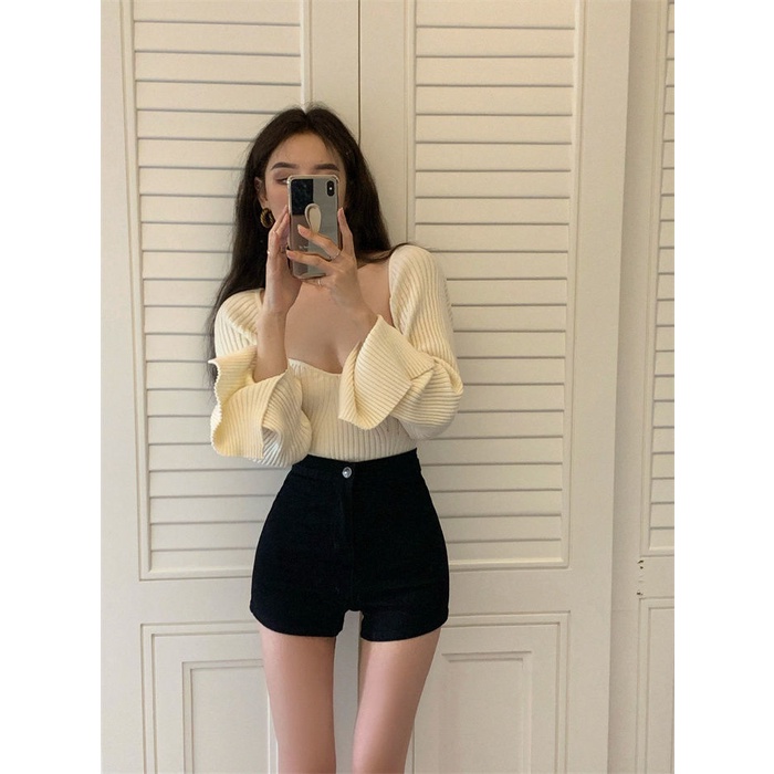 Quần Short Denim Màu Đen Lưng Cao Siêu Co Giãn Thời Trang Mùa Hè Cho Nữ