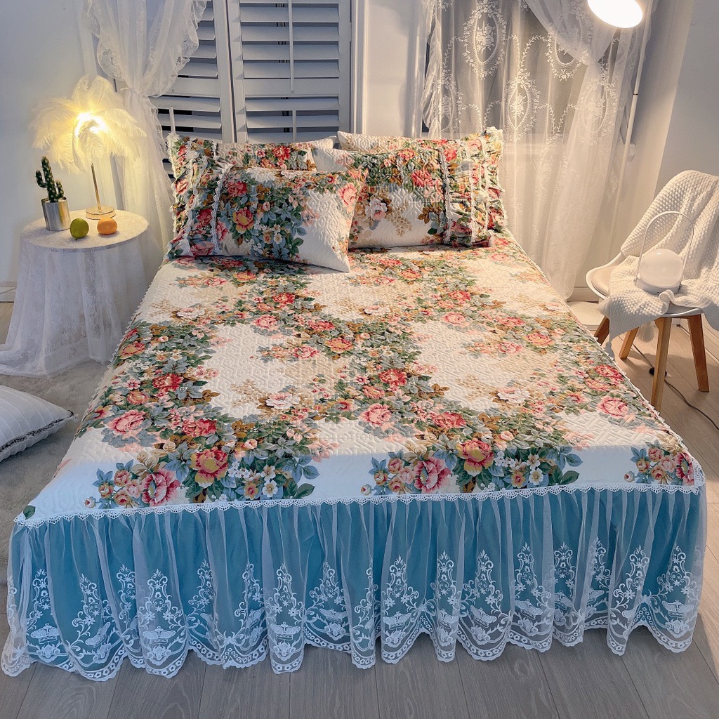 Bộ Ga Gối Phủ Cotton Trần Bông 3 Lớp - Ga Phủ Viền Bèo Đính Ren Công Chúa Hàng Nhập Khẩu | BigBuy360 - bigbuy360.vn