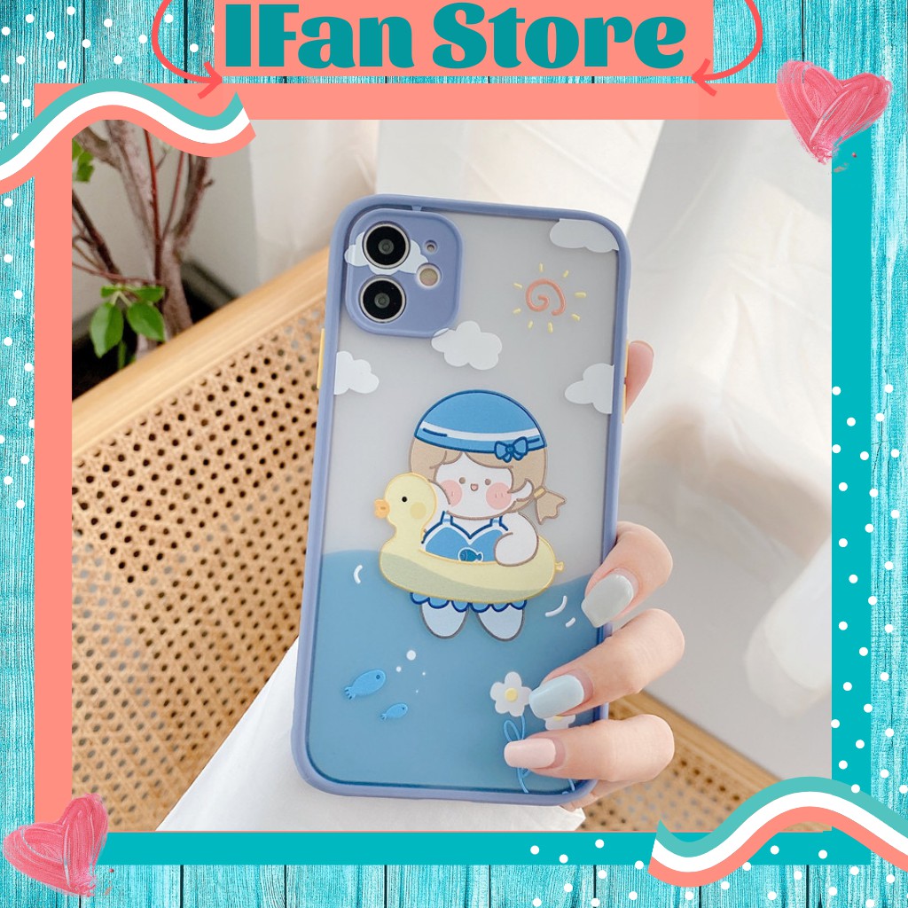 🌸VIDEO THẬT🌸 Ốp Lưng iPhone Nhám Viền Màu Bé Gái Bơi Phao IPhone 6/6s/6plus/6splus/7plus/8plus/x/xs/xs max/11/11 pro max