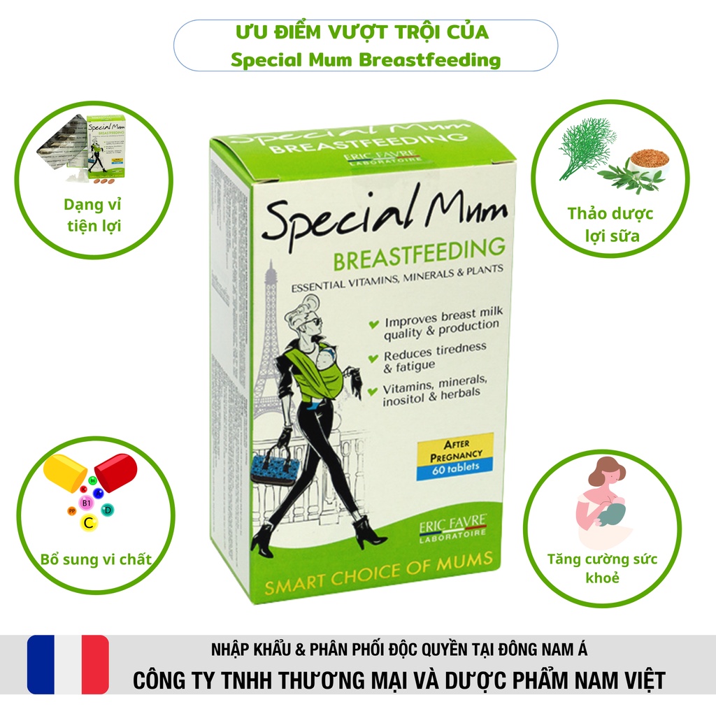 Viên Hỗ trợ tăng tiết sữa cho mẹ bầu, giảm Stress, giảm thiếu ngủ - Special Mum Breastfeeding - Hộp 60 viên nén [Pháp]