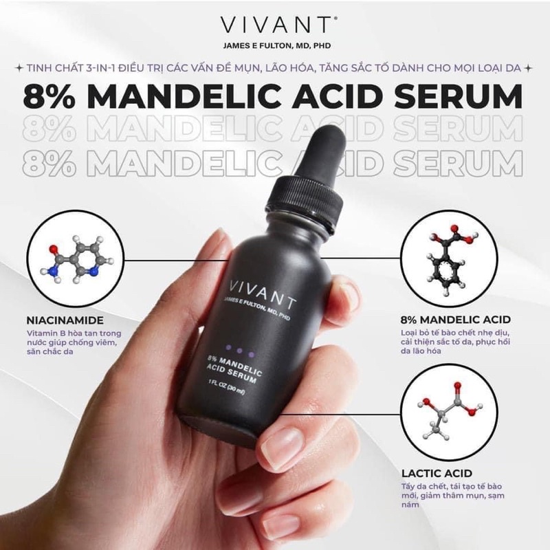 Serum Vivant Mandelic Acid 8% &amp; 15% - Căng Bóng Sáng Da, Giảm Mụn, Trẻ Hoá Da 30ml