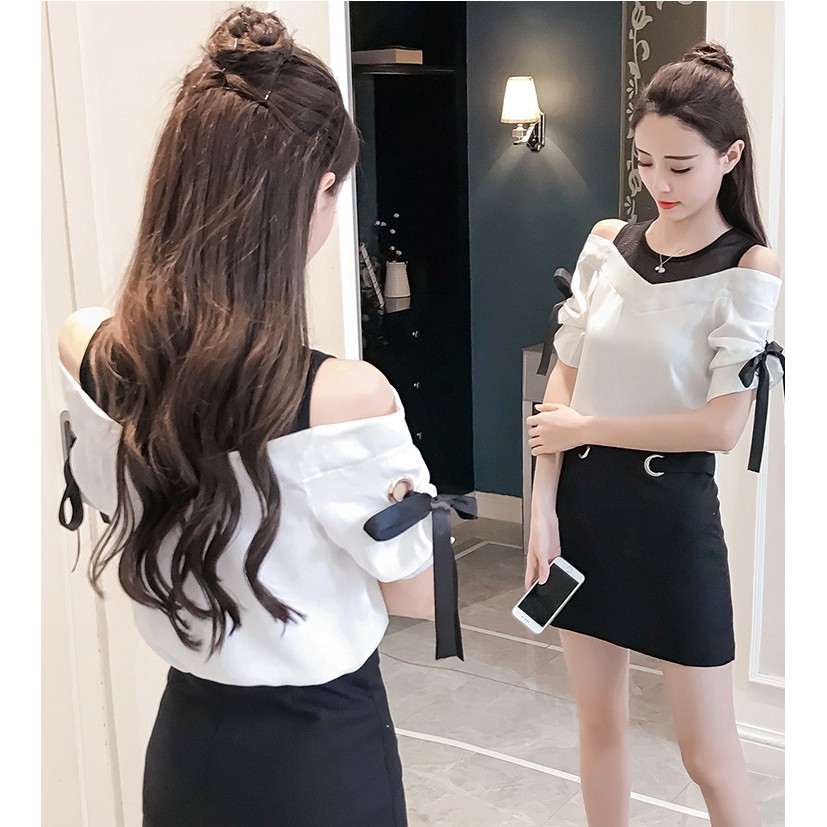 Áo trễ vai phối lưới nơ tay - ABEO230