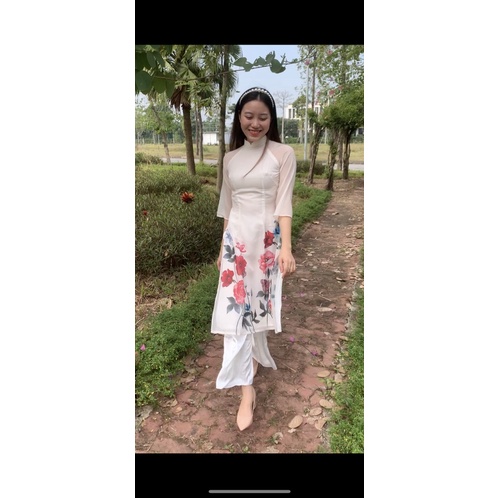 Áo Dài Cách Tân Nữ Dáng Xuông 4 Tà Chân Hoa Cổ Vuông Lụa Da Tơ Óng