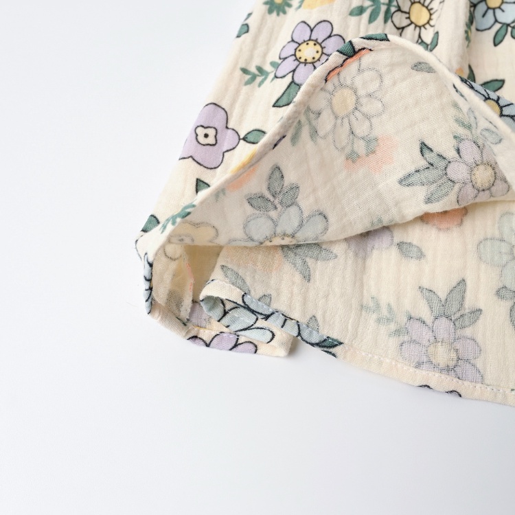 Váy Bé Gái Carrot Đầm Xòe Tay Lỡ Cổ Sen, Họa Tiết Hoa Xanh, Chất Xô Muslin Mềm, Thoáng Mát