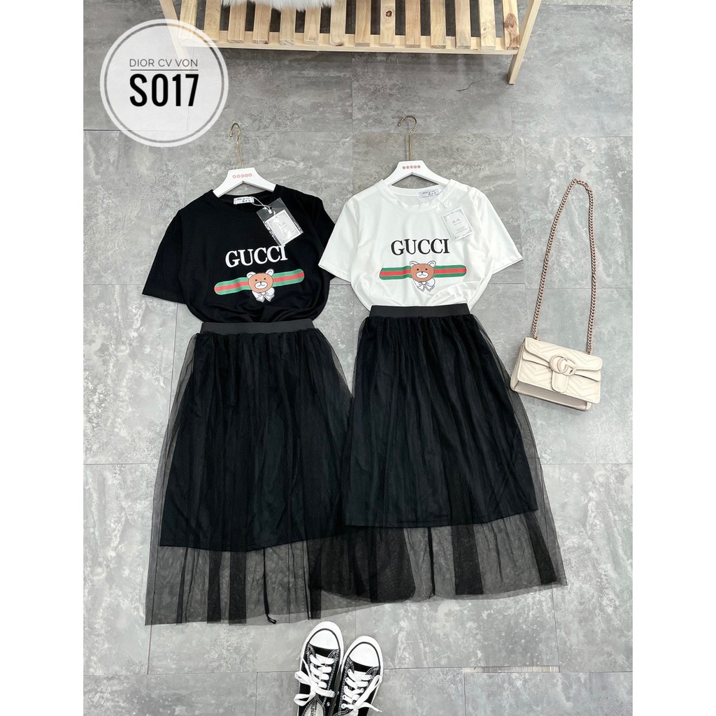 Sét bộ áo thun váy lưới dập ly S017