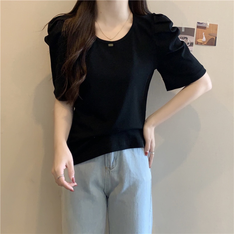 Áo thun SUXI tay phồng ngắn cổ tròn màu trơn đơn giản dễ phối đồ thời trang dành cho nữ