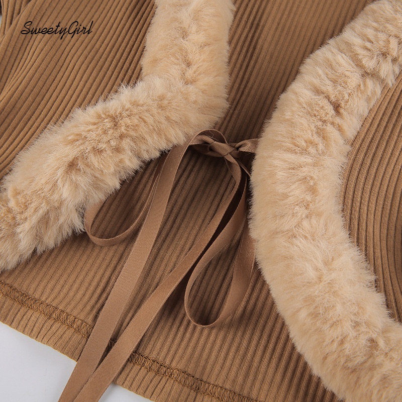 Áo croptop tay dài cổ chữ V màu trơn viền lông thời trang cho nữ