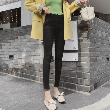 2021 spring and summer high-waisted slim jeans women Korean version of stretch pants with cotton and thin raw edge pencil pants casual denim pants black grey jeans