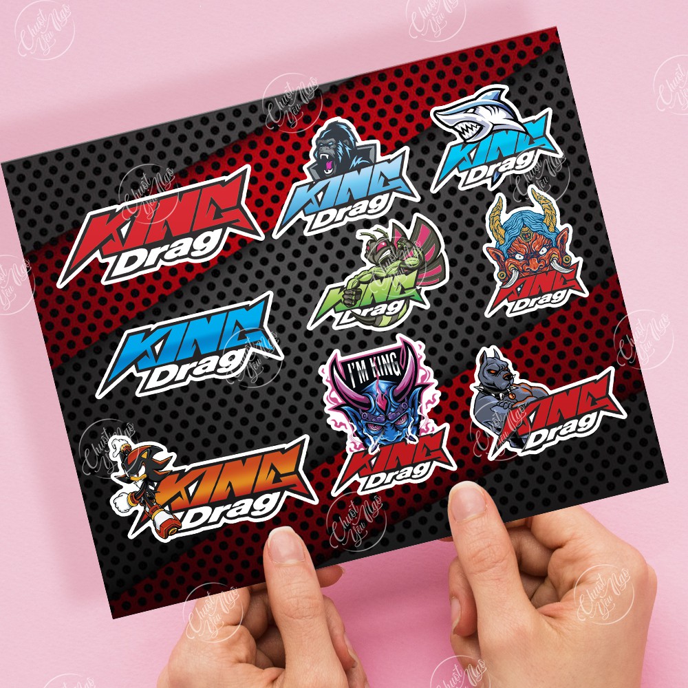 Bộ 9 tem decal KING DRAG chống nước chất lượng cao dán xe trang trí nón bảo hiểm