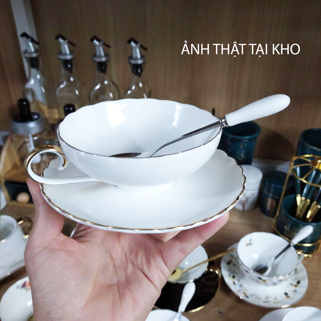 Tách trà chiều kiểu Anh miệng hoa viền vàng - bộ cốc kèm đĩa sứ xương, đồ uống trà - cafe cao cấp - mã A11.434