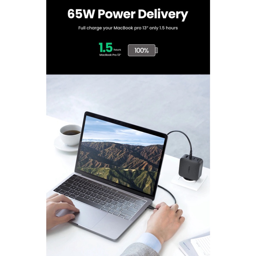 Củ Sạc Nhanh 65W 3 Cổng Type C GaN Quick Charge 4.0 3.0 Ugreen CD224 - BH 18T Chính Hãng
