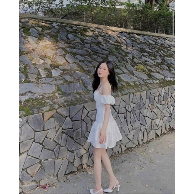 (Ảnh thật) Đầm Trắng Ngắn Hai Dây Trễ Vai Công Chúa Mặc Đi Tiệc, Đi Chơi, Kỷ Yếu (Hình Thật) D044