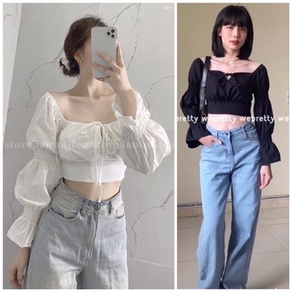 Áo kiểu croptop trễ vai có đệm ngực nơ cổ siêu xinh