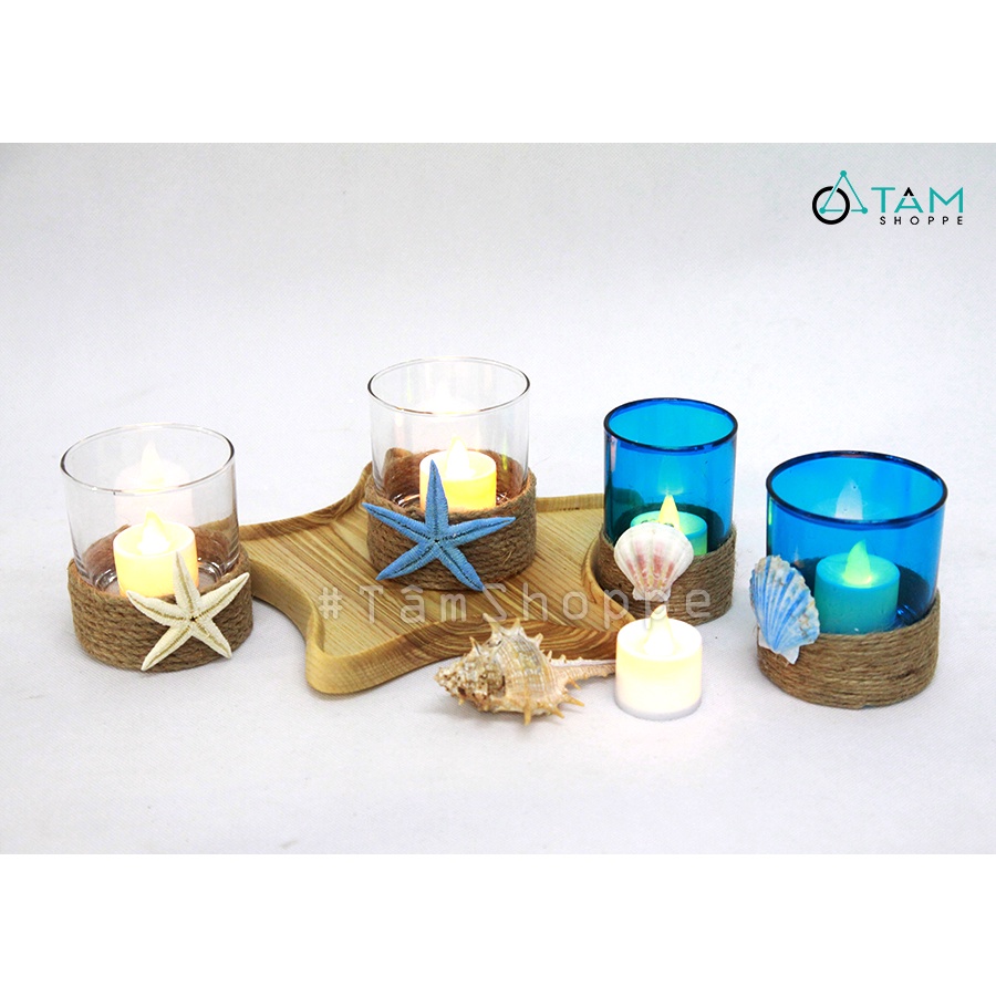 Chân nến ly thủy tinh quấn dây thừng sao sò CHN-26 TTTM
