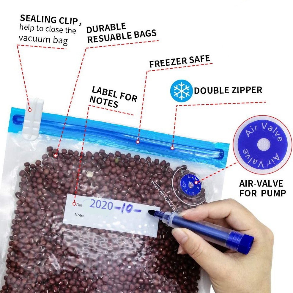 Set 20 Túi Chân Không Đựng Thực Phẩm Có Thể Tái Sử Dụng Kèm 1 Bơm Tay Và 3 Kích Cỡ Kẹp Niêm Phong