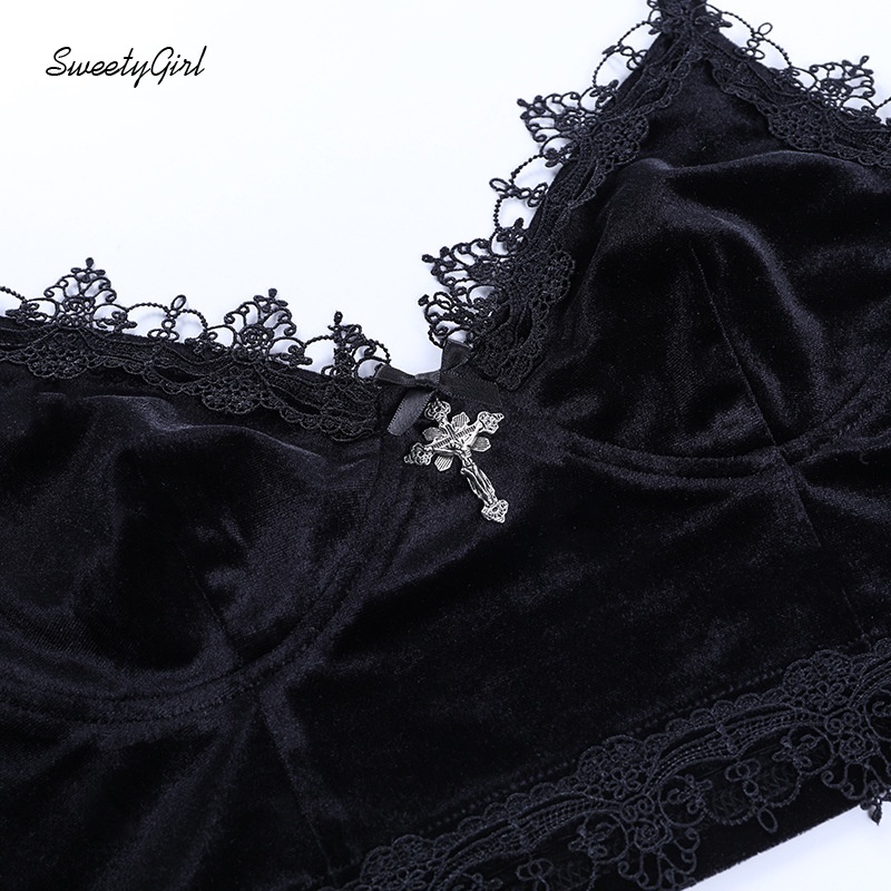 Áo hai dây cổ chữ V viền ren màu sắc ngọt ngào phong cách gothic cho nữ