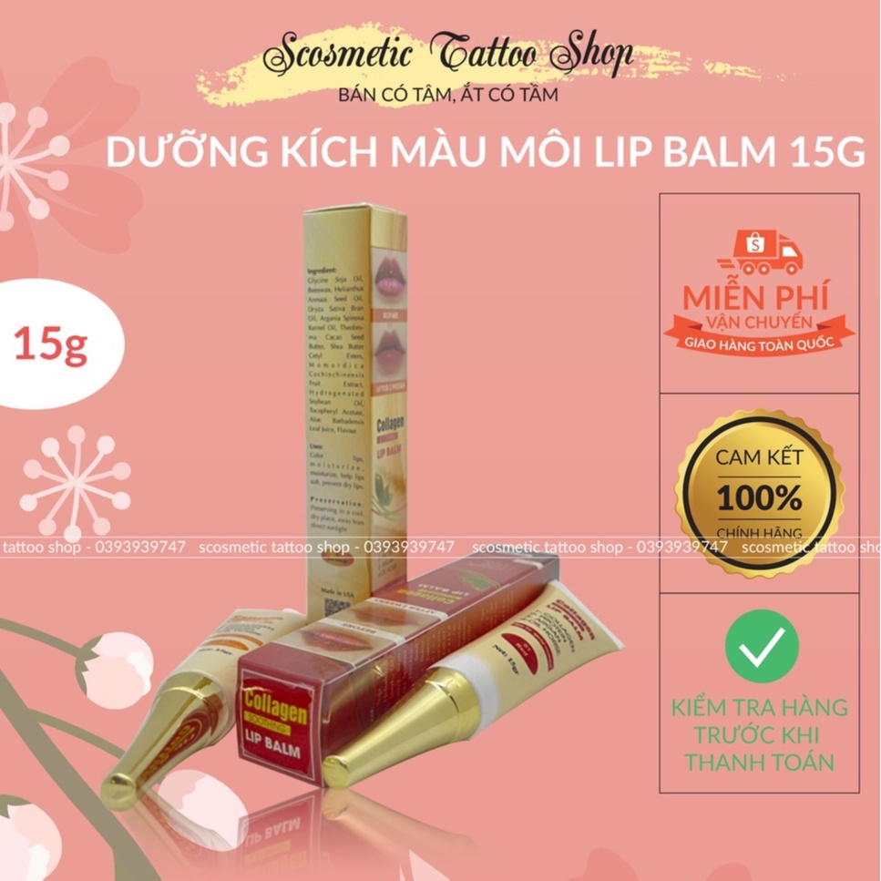 Dưỡng kích màu môi Collagen Lip Balm, son dưỡng có màu sau phun xăm thẩm mỹ ,check mã-Usa 15gram