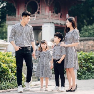Đồ gia đình đi tiệc - áo gia đình caro đẹp - đầm caro mẹ và bé gái - đồ đôi gia đình caro đen tối màu đẹp