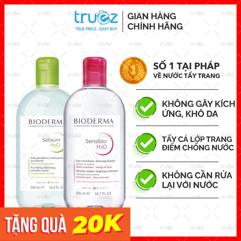 Nước Tẩy Trang Bioderma Pháp H2O 500ml chuẩn Auth [Pháp] tẩy trang nhẹ nhàng, sạch sâu [Chính hãng]