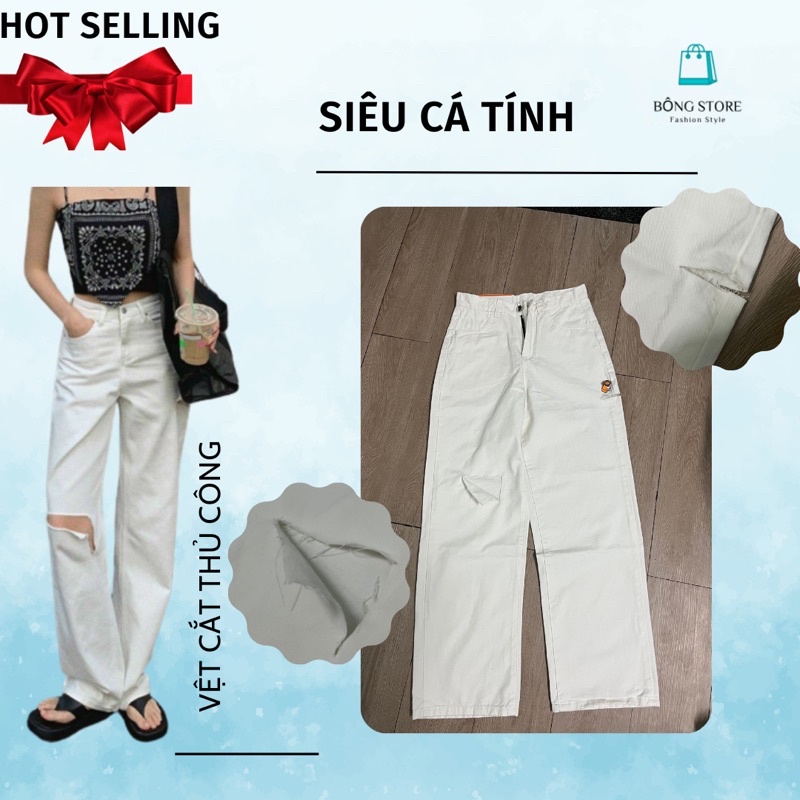 (Siêu cá tính) Quần jeans trắng thanh lịch, rách phá cách, phong cách đường phố cá tính cực cool.