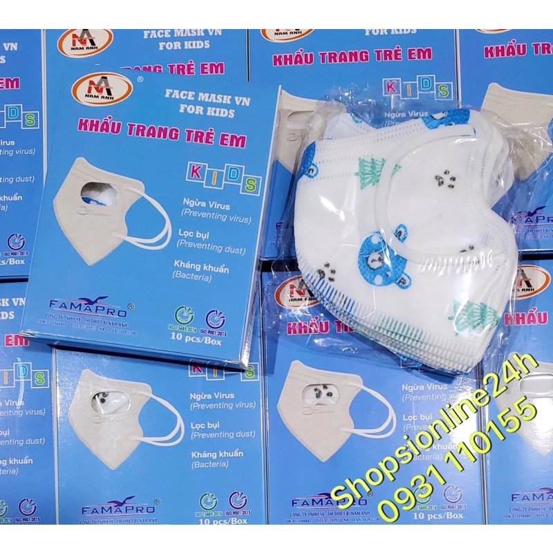 ✅ Hộp 10 khẩu trang y tế 5D mask N95 VN95 Famapro Nam Anh cho bé dưới 6 tuổi hình gấu xanh